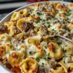 Golden Cheese Steak Tortellini Casserole