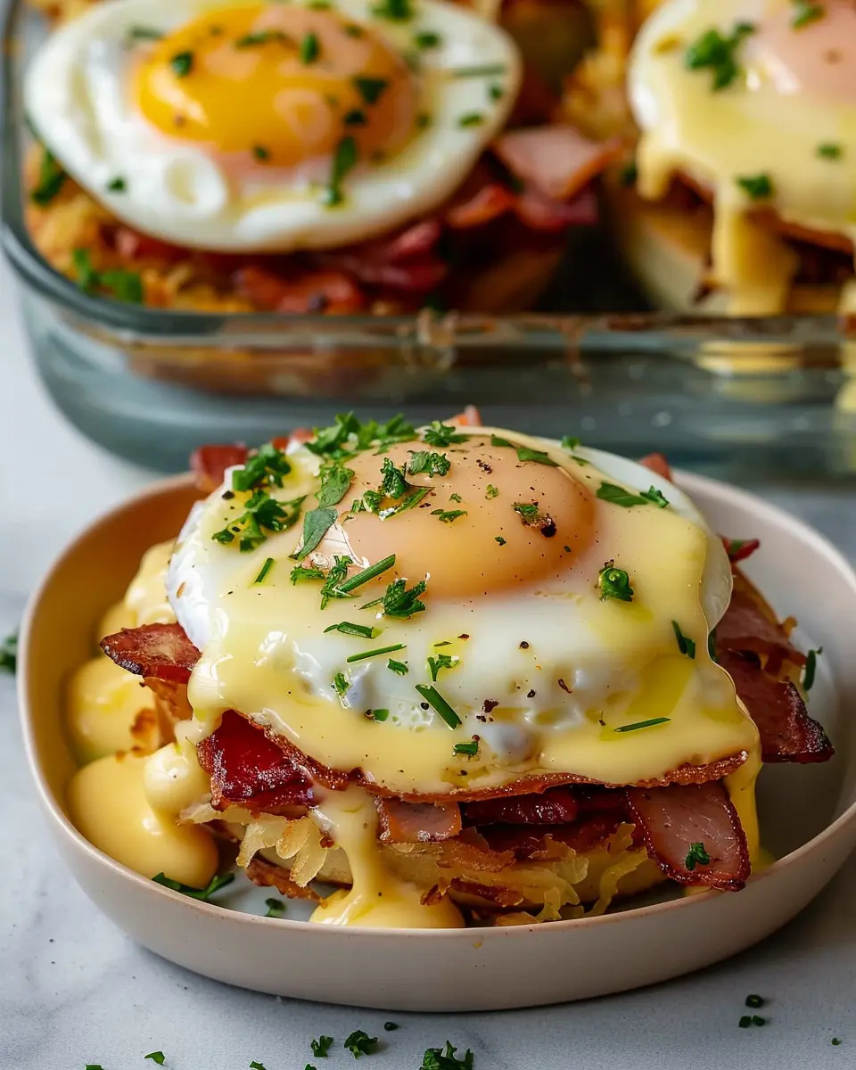 Hash Brown Eggs Benedict Bowls with Turkey Bacon and Chicken Ham