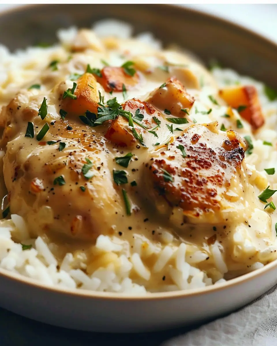 Quick and Easy Creamy Smothered Chicken and Rice with Turkey Bacon