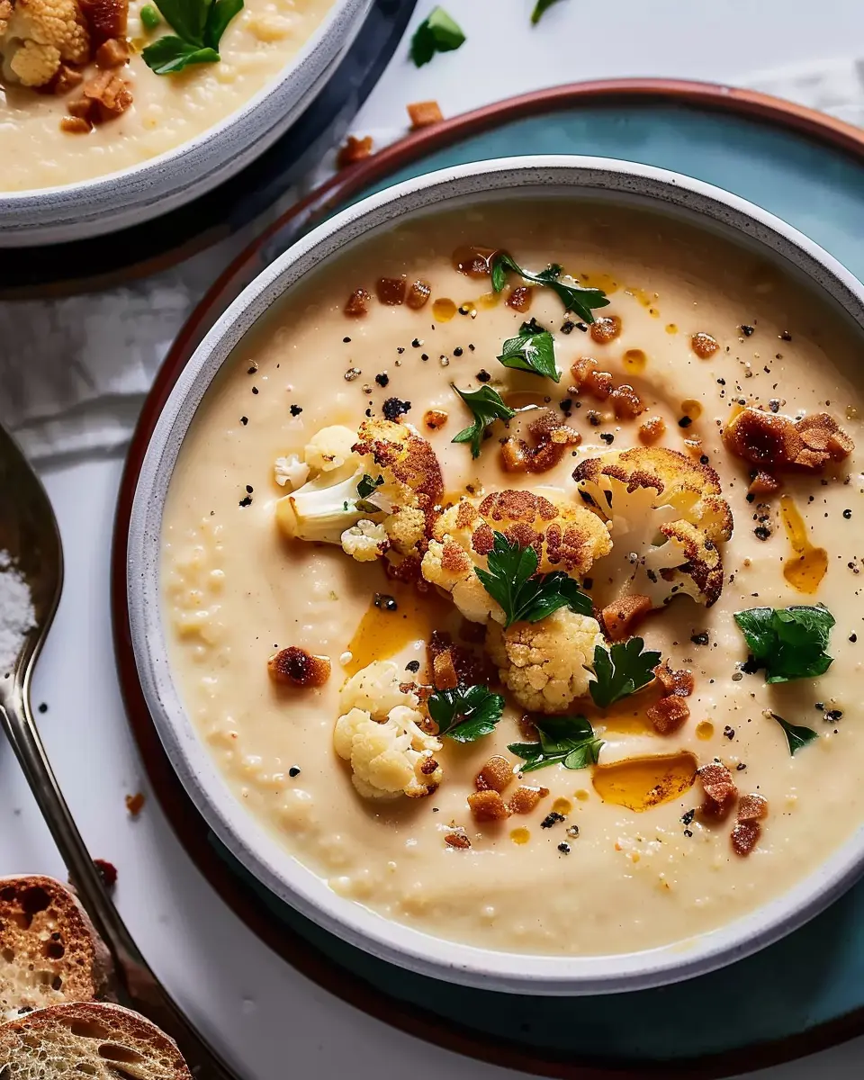 Creamy Roasted Cauliflower Soup with Savory Turkey Bacon Delight