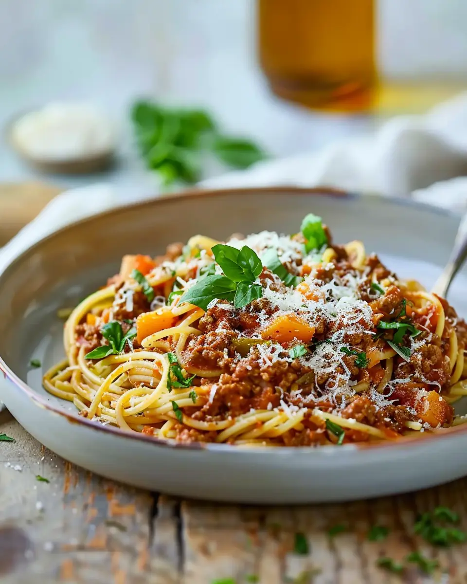 Healthy spaghetti bolognese made with turkey bacon and chicken ham