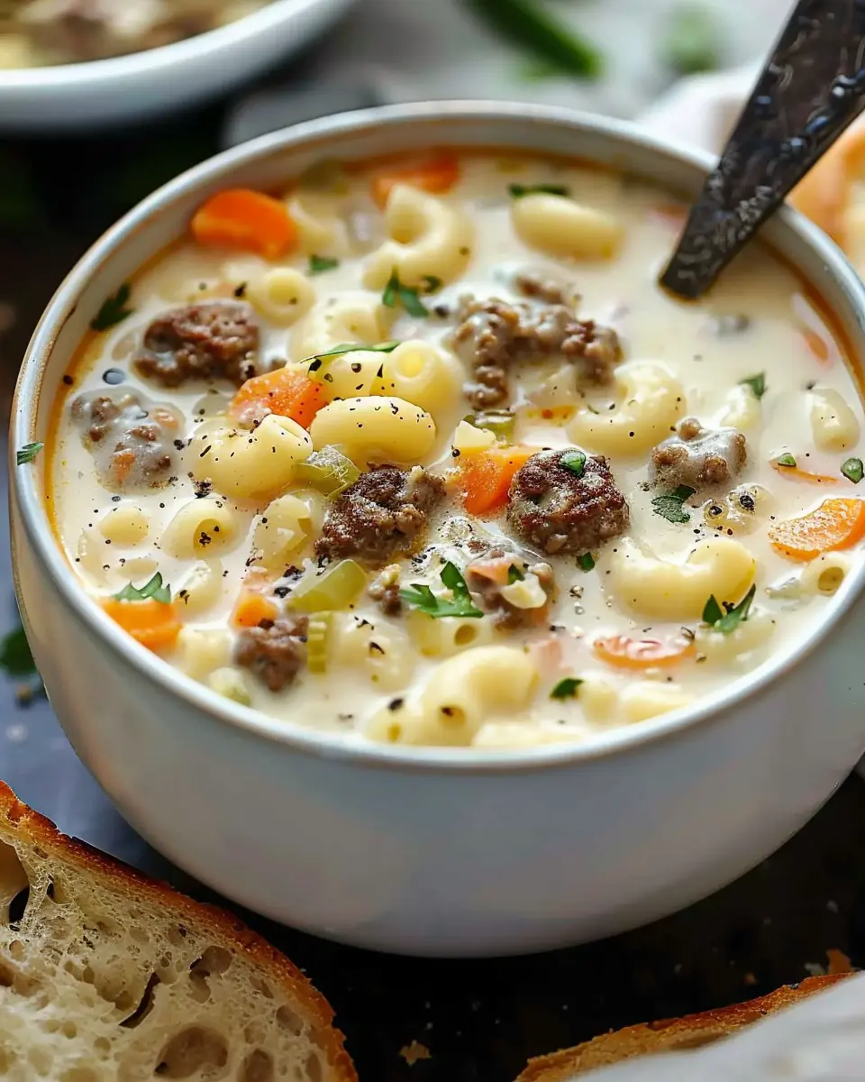 Macaroni Cheeseburger Soup: Best Comfort Food with Turkey Bacon