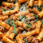 Creamy Sausage Rigatoni with Spinach, Garlic, and Tomato Cream Sauce (One-Pan, 30-Minute recipe)